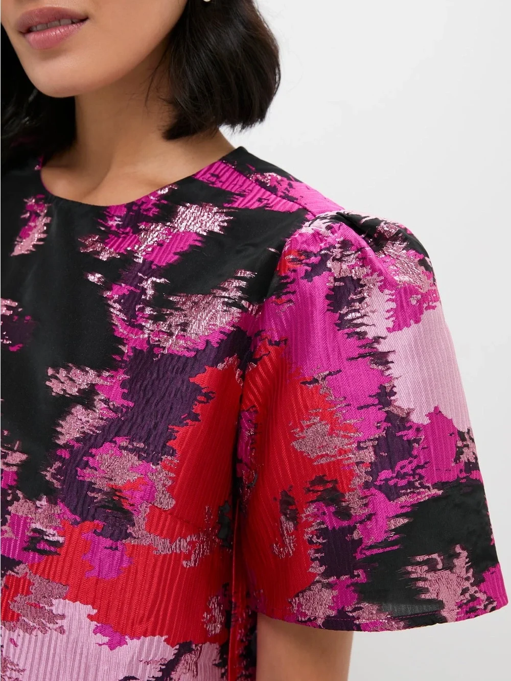 Tuckernuck Pomander Place Lyla Jacquard Puff Sleeve Blouse Pink Red Lurex S